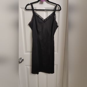 70s Opalaire Black Lace Trim Slip Dress